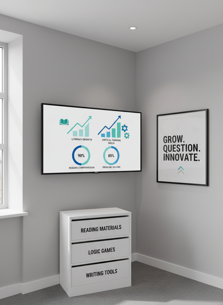 A minimalist, modern classroom corner featuring a sleek wall-mounted display screen showing a simple, elegant infographic about literacy growth and critical thinking skills, with upward-trending charts and clean icons. Below the screen stands a compact white storage unit with labeled drawers for reading materials, logic games, and writing tools, each label printed with clear, professional typography. The walls are soft gray, with a single motivational poster about learning framed in thin black metal. Natural daylight streams in from an unseen side window, combined with subtle ceiling lights, producing a bright, evenly lit space. Captured at eye level with a wide-angle lens, the composition includes the entire corner in sharp focus. The atmosphere is aspirational, data-driven, and reassuring, rendered in crisp photographic realism for a professional nonprofit setting.