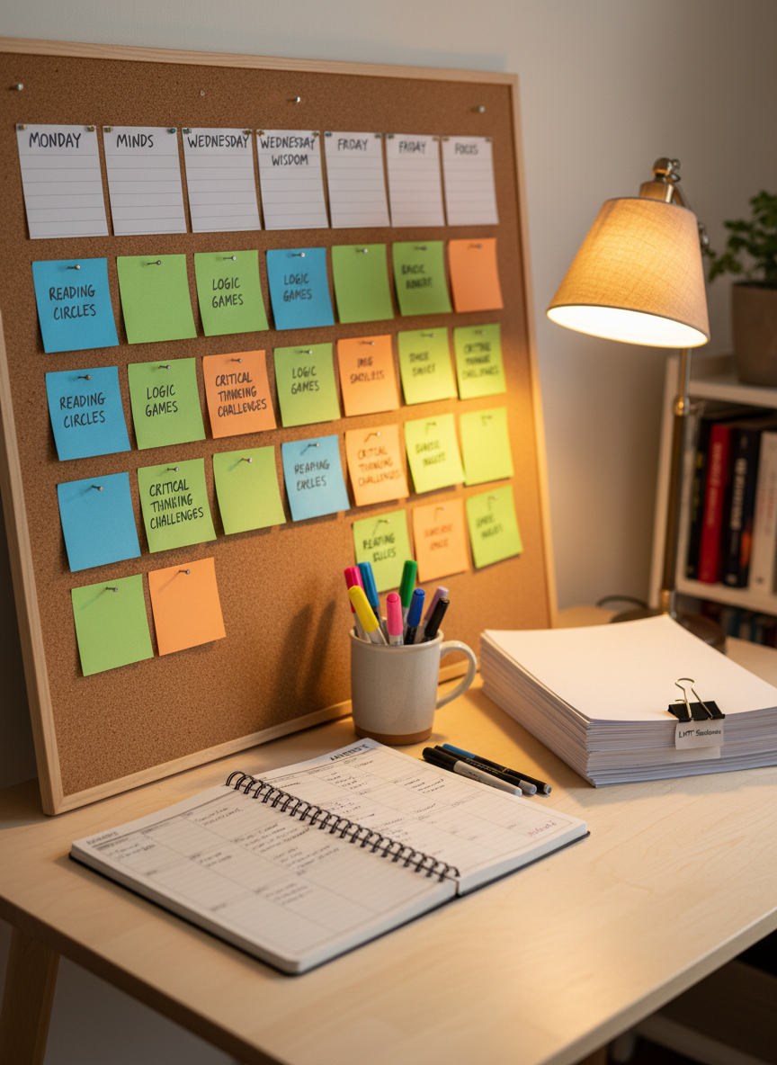 A tidy volunteer planning station featuring a large corkboard covered with color-coded index cards labeled with session topics like reading circles, logic games, and critical thinking challenges, each pinned with small metallic tacks. Below, a smooth birch desk holds an open planner with neatly blocked schedules, a cup of highlighters and pens, and a stack of printed lesson plans secured with a silver binder clip labeled “LIFT Sessions.” Warm, diffused desk-lamp light mixes with soft ambient room lighting, casting gentle shadows and a cozy glow over the workspace. Photographed at a three-quarter angle with a medium depth of field, the corkboard is in sharp focus while the rest of the room subtly fades. The mood is organized, purposeful, and inspiring, captured in crisp, professional photographic realism.