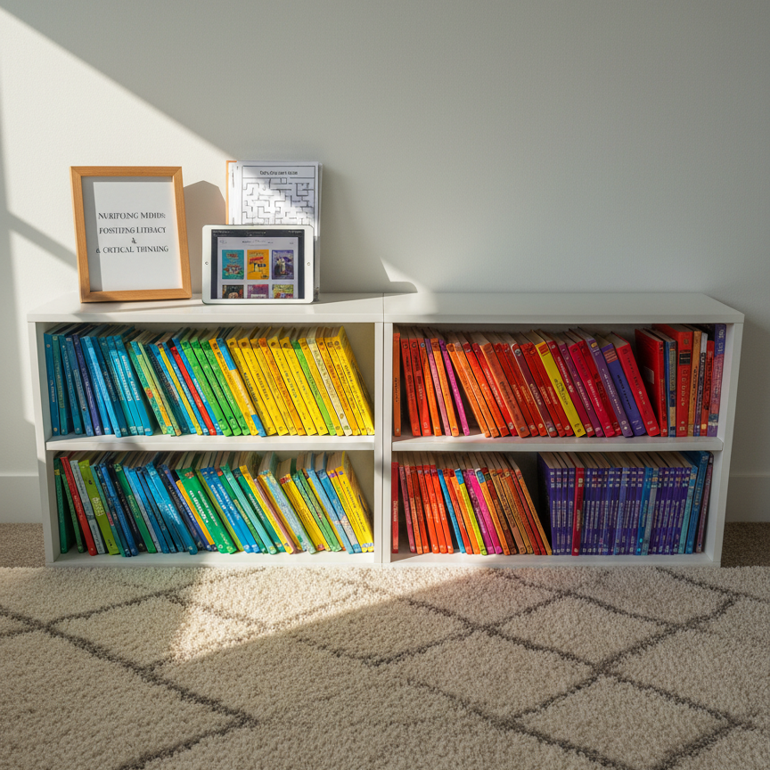 An inviting reading nook centered around a low modern bookshelf filled with colorful children’s chapter books, logic puzzle collections, and educational workbooks, all meticulously arranged by color and size. On top of the shelf rests a small framed mission statement about literacy and critical thinking, beside a neatly stacked pile of activity worksheets and a sleek tablet displaying a digital reading app. Natural afternoon light streams through an off-frame window, casting soft, elongated shadows across a neutral-toned rug and smooth white wall. Captured with a wide-angle lens at a slightly elevated perspective, the entire scene is in crisp focus, creating a calm, organized, and aspirational mood. The photographic style is clean and contemporary, perfect for conveying a professional student-run charity environment.